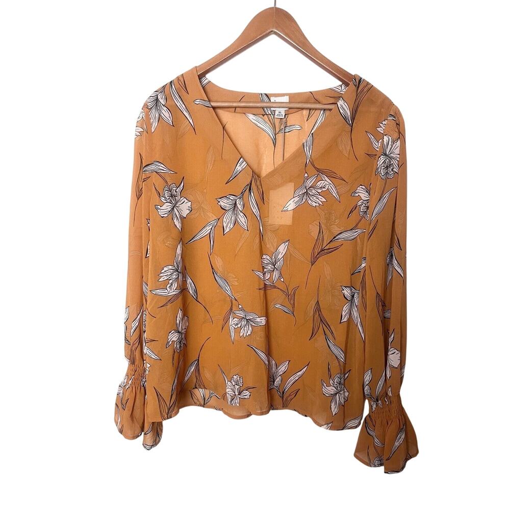 A New Day Women's Sz XL Rust Orange Floral Long Sleeve Sheer Bell Sleeve Top NWT